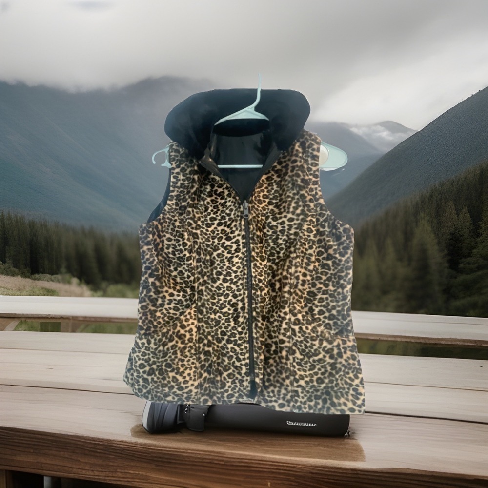 Vtg Mudd 90s Y2K MOB WIVES Black/ Faux Leopard Fur Vest Reversibleโ Women Sz S
